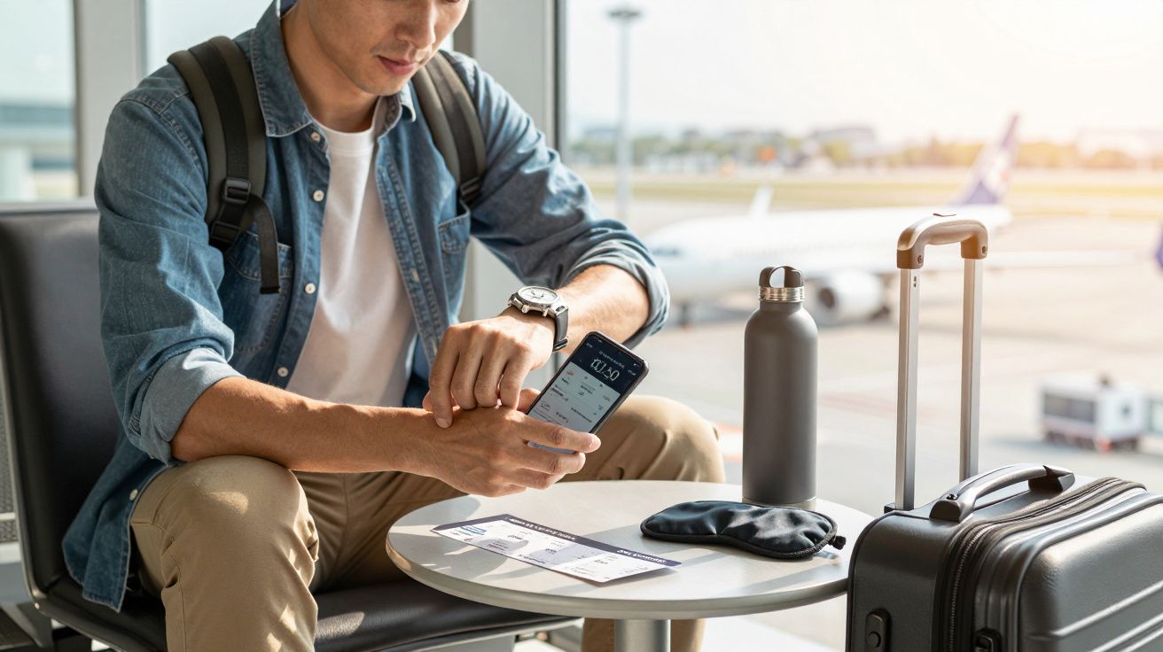 Homem sentado no aeroporto com mala, bilhetes, garrafa e máscara, verificando o relógio e o telemóvel.