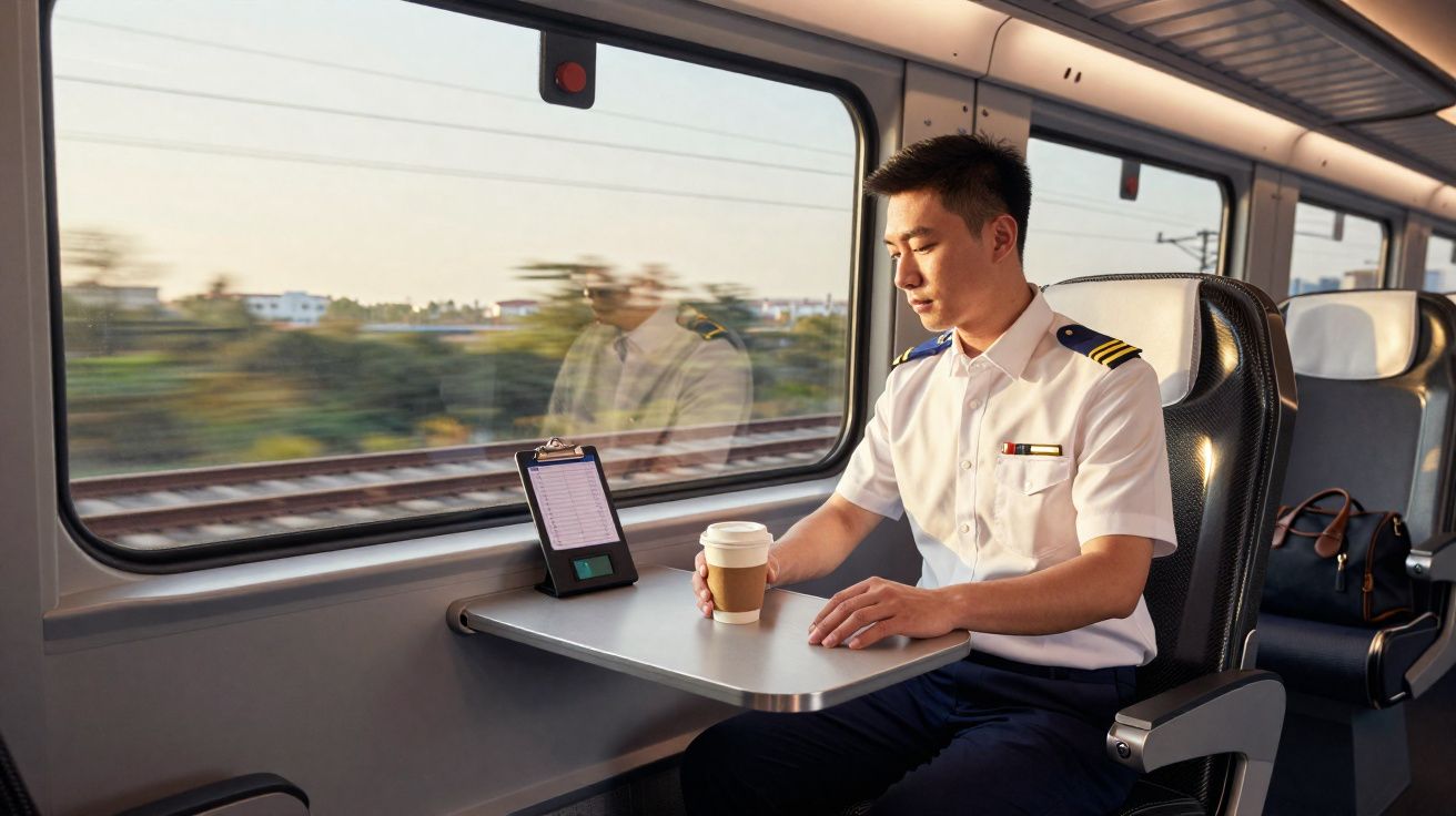 Homem em uniforme sentado num comboio com uma chávena de café e um tablet sobre a mesa junto à janela.