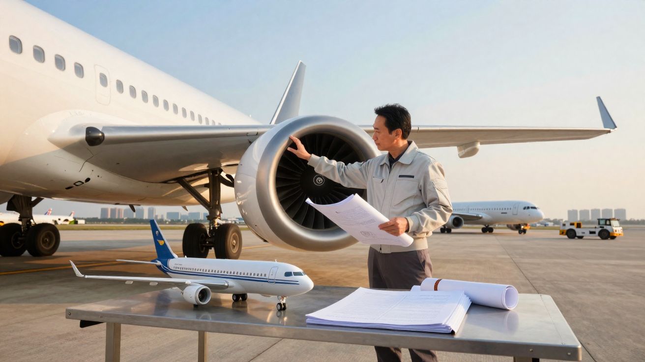 Homem inspeciona turbina de avião com maquete de avião e documentos numa mesa ao lado no aeroporto.