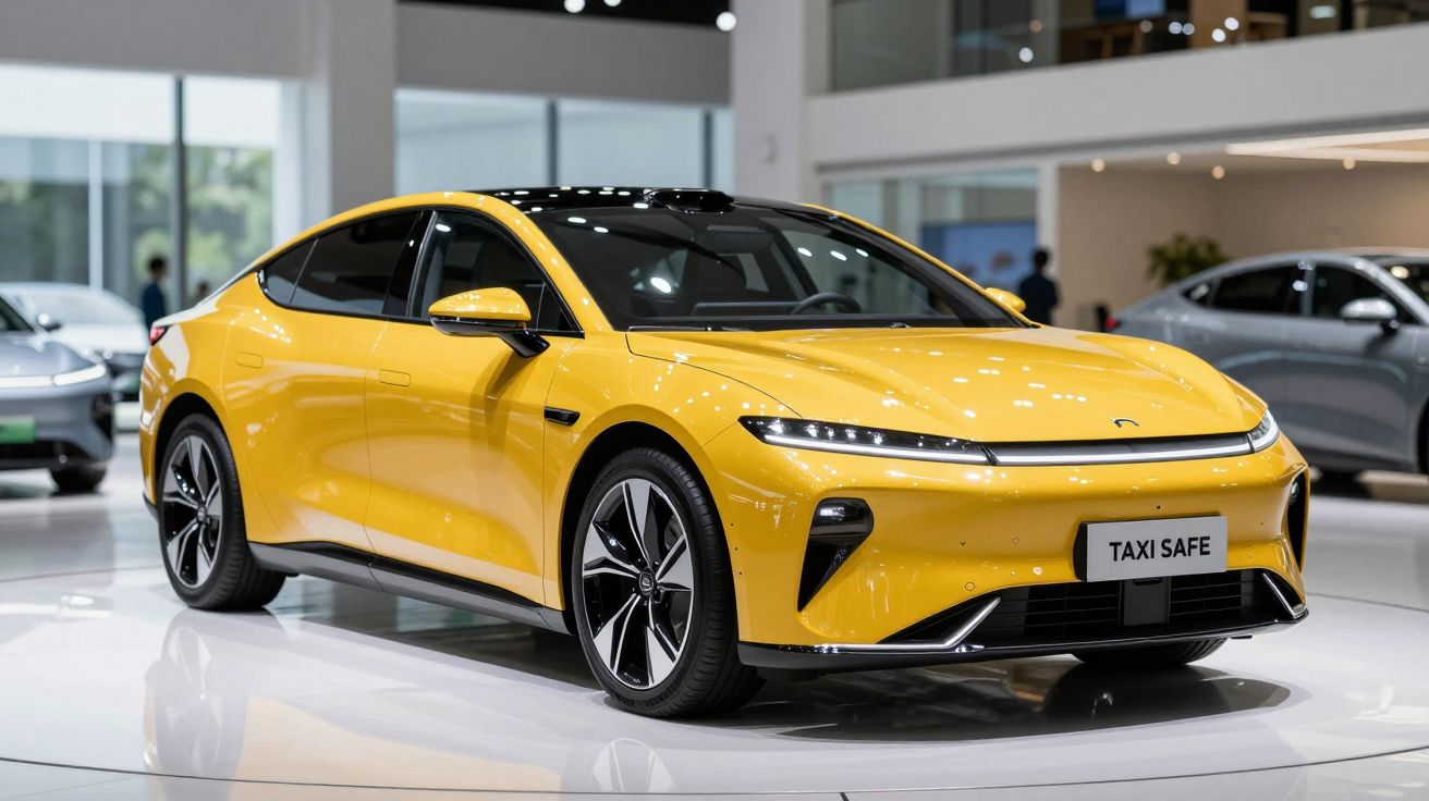 Carro elétrico amarelo de quatro portas em exposição, com placa "TAXI SAFE" e design moderno.