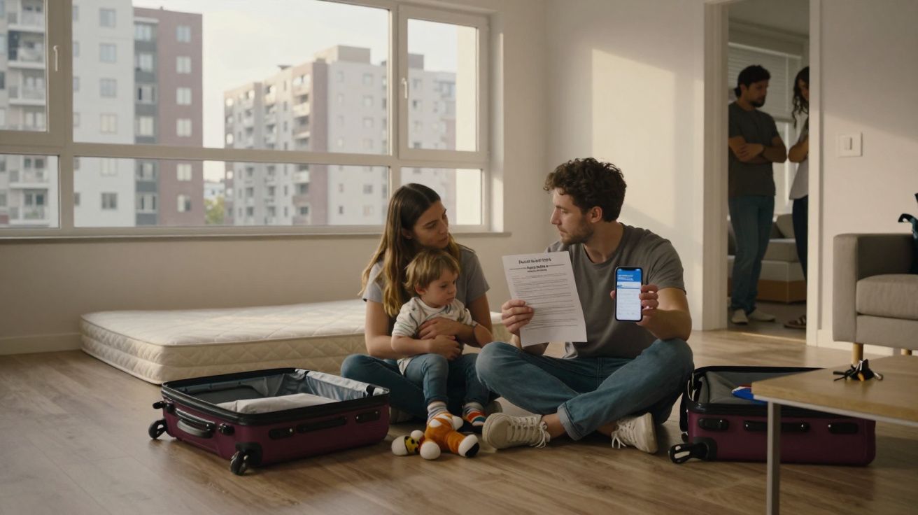 Família sentada no chão de uma sala vazia, com malas abertas e papéis, aparentando discussão ou decisão.