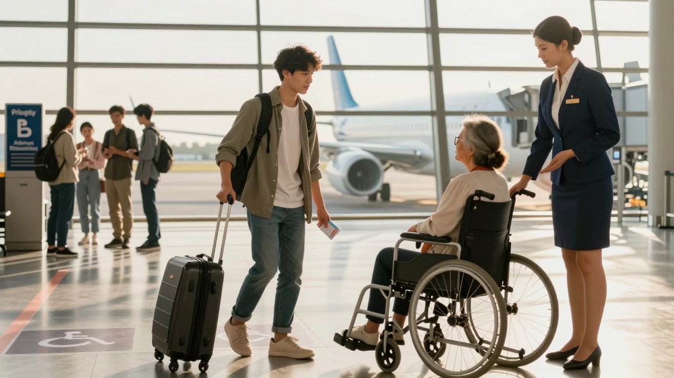 Jovem com mala conversa com senhora em cadeira de rodas assistida por funcionária num aeroporto.