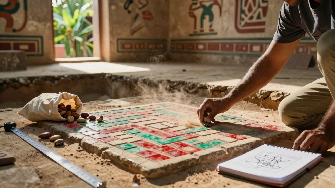 Pessoa a jogar um jogo de tabuleiro antigo numa relíquia arqueológica com peças e caderno ao lado.
