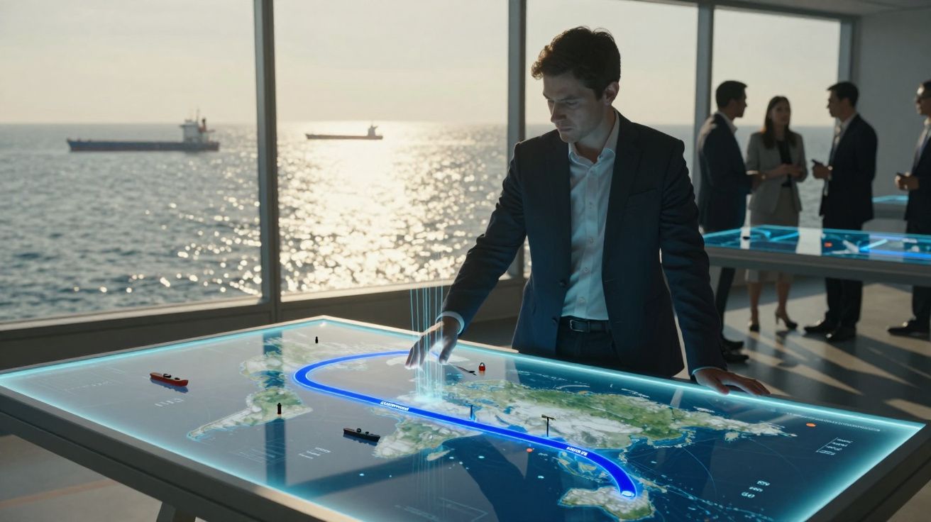 Homem interage com mesa digital estratégica em sala com vista para o mar e navios ao pôr do sol.