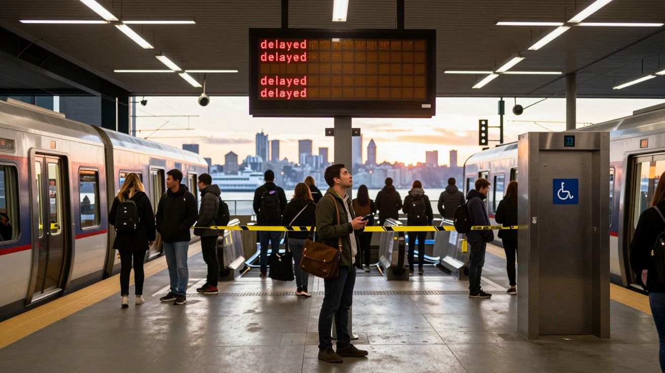 Estação de comboios com passageiros à espera e painel eletrónico a indicar atrasos ao pôr do sol.