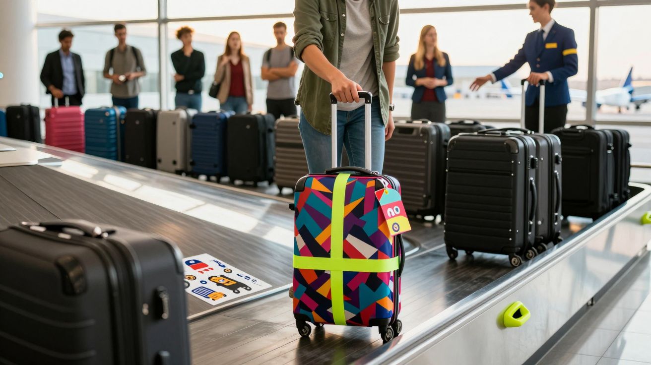 Pessoa a recolher mala colorida numa esteira de bagagens no aeroporto com outras malas e pessoas ao fundo.