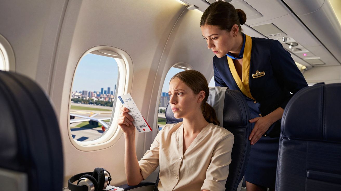 Passageira sentada a consultar o bilhete de avião enquanto uma tripulante de cabine a observa atentamente.