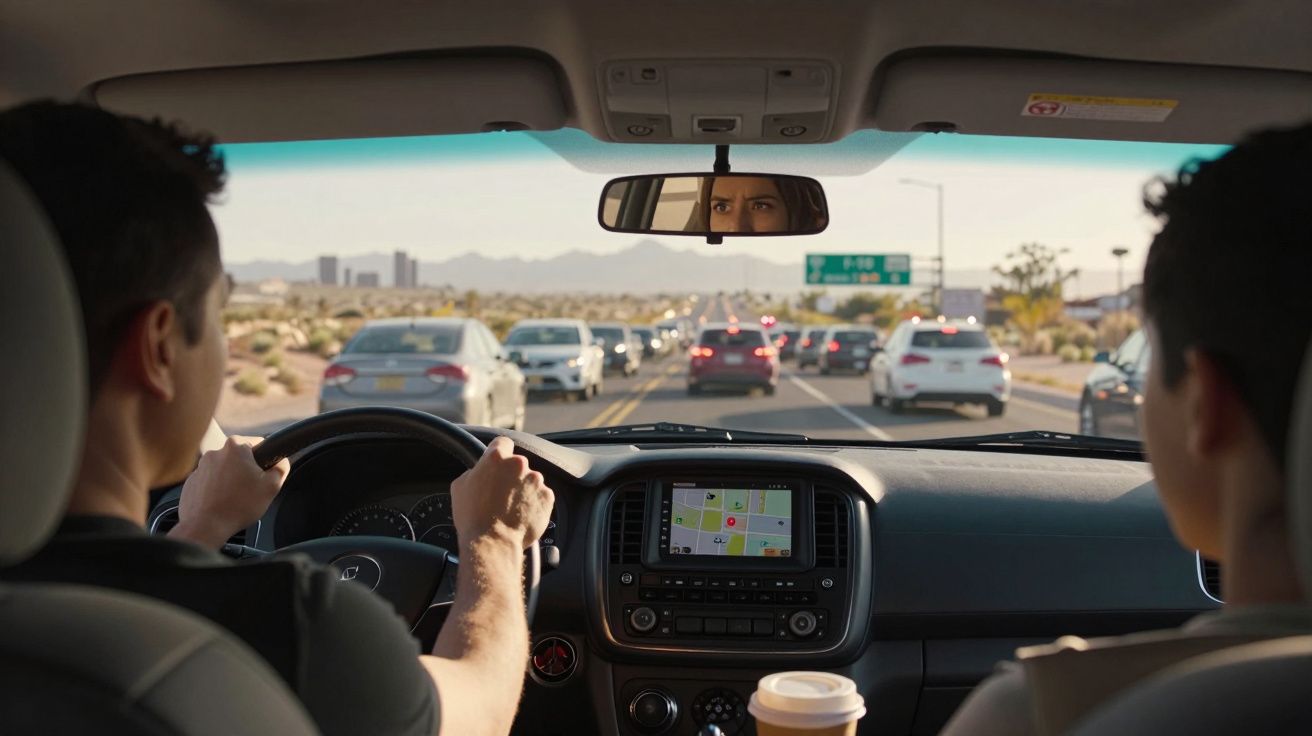 Interior de um carro com duas pessoas no trânsito, vista pelo banco de trás, com GPS no painel.