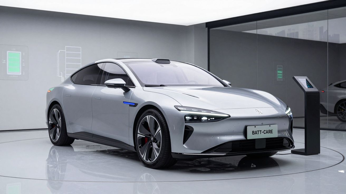 Carro elétrico cinzento brilhante em exposição moderna com design aerodinâmico e faróis LED.