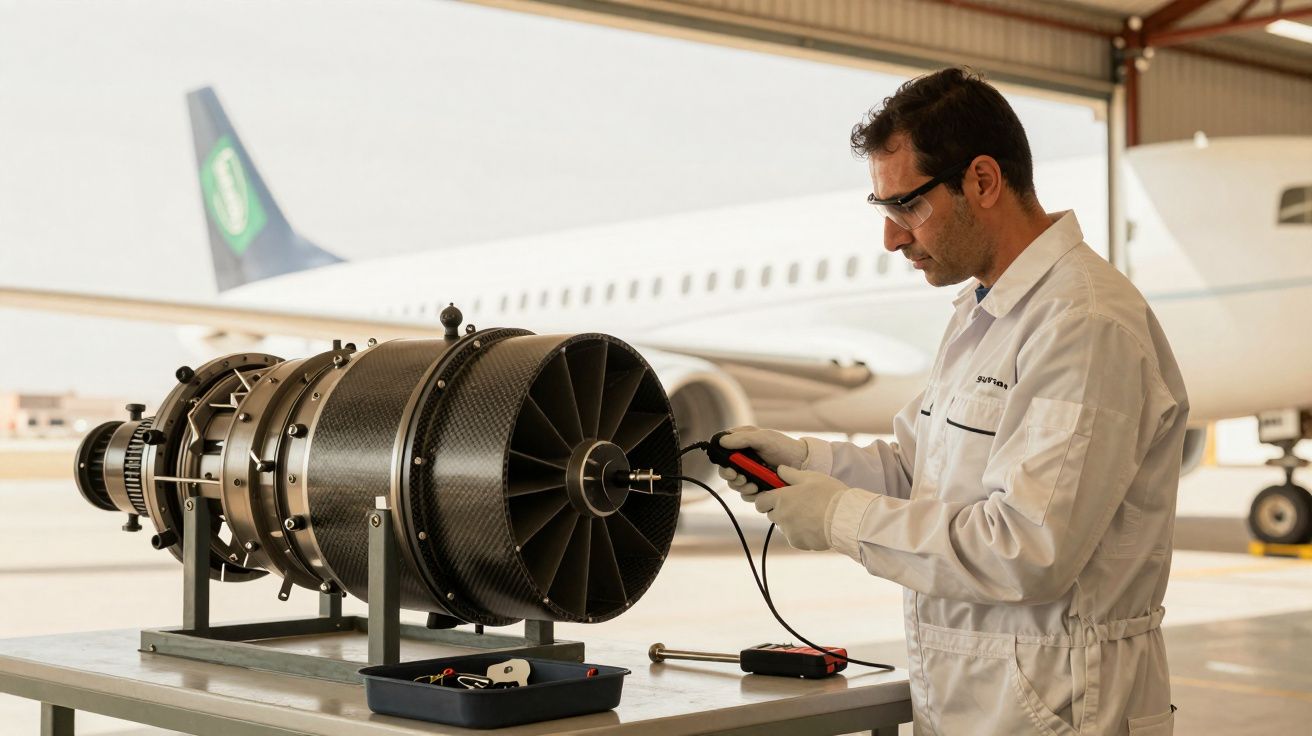 Técnico a inspecionar motor de avião em oficina com aeronave estacionada ao fundo.