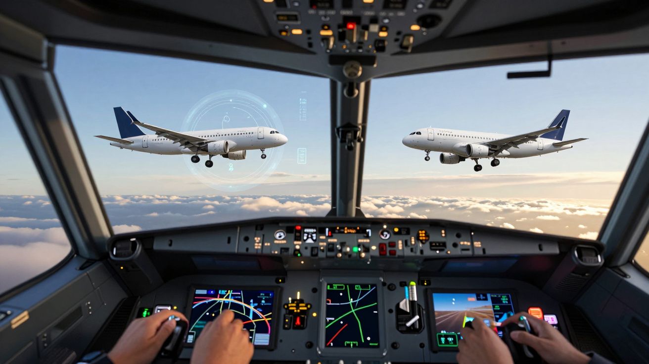 Cockpit de avião com dois pilotos e dois aviões a aproximarem-se no céu ao pôr do sol.