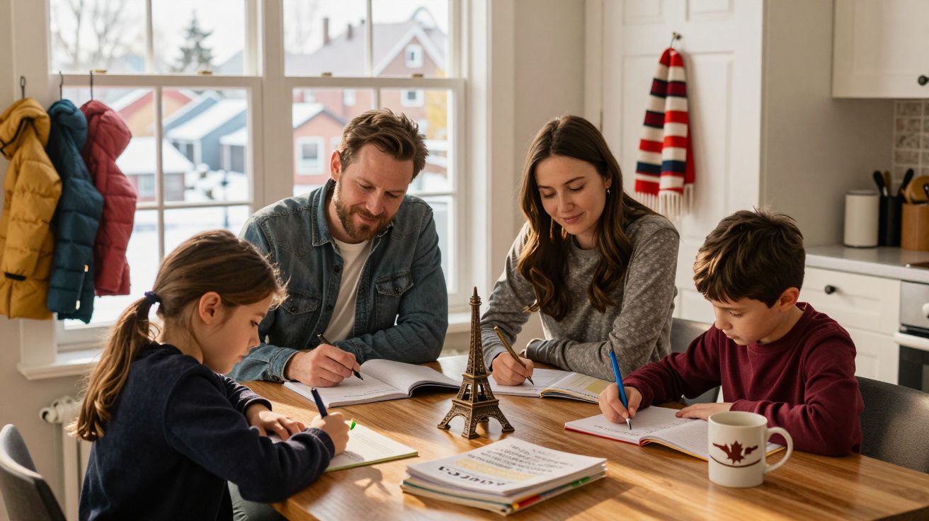 Família sentada à mesa a estudar e fazer trabalhos de casa numa sala luminosa com janelas grandes.