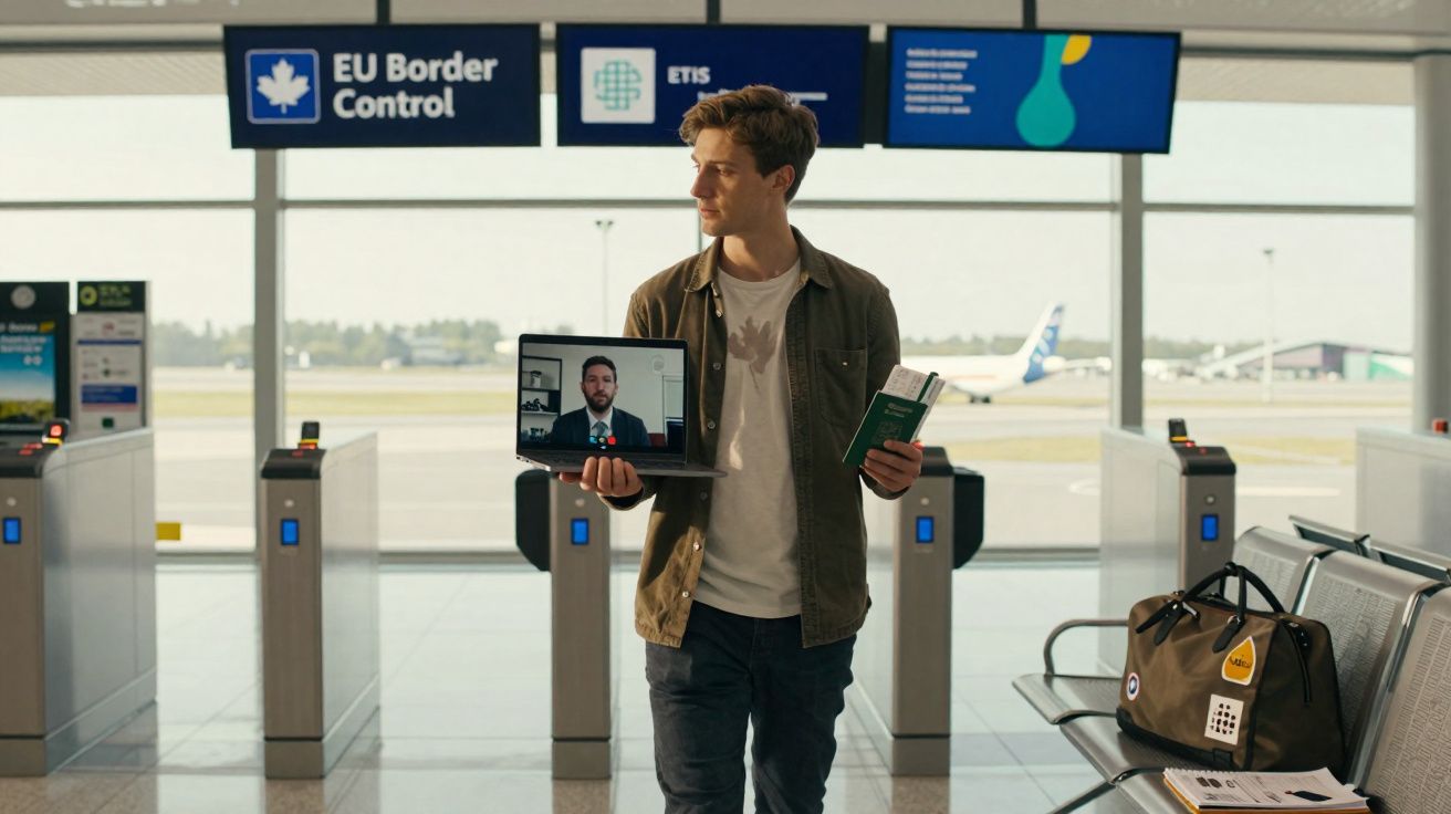 Homem com passaporte e computador no controlo fronteiriço da UE num aeroporto moderno.