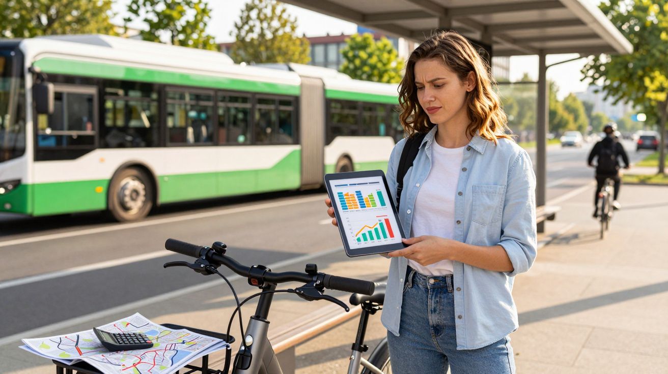 Mulher com bicicleta mostra gráficos coloridos num tablet na paragem de autocarro urbana.