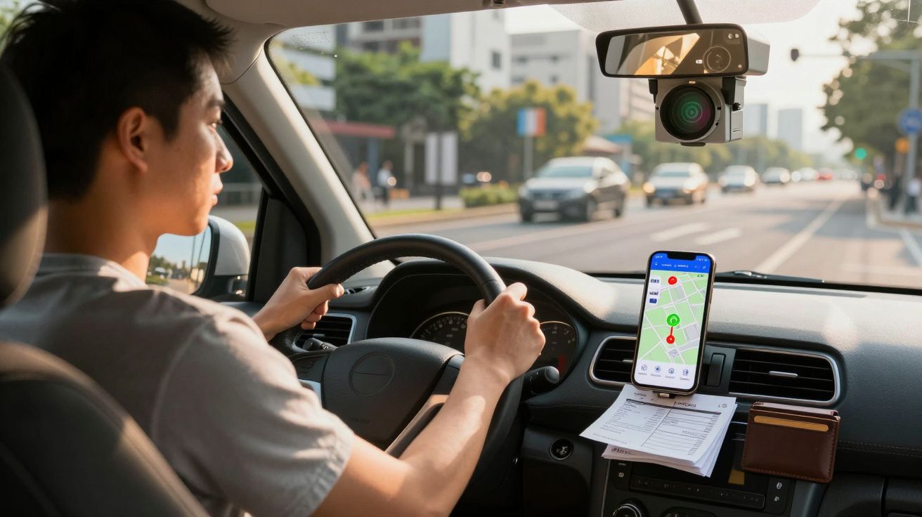 Homem a conduzir um carro com telemóvel no suporte a mostrar aplicação de GPS e câmara de segurança no para-brisas.