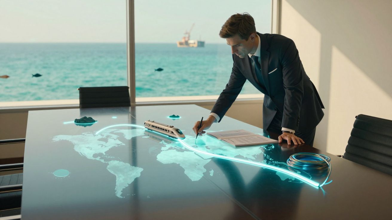Homem de negócios em fato a planear rota de transporte num mapa digital holográfico numa mesa de vidro.