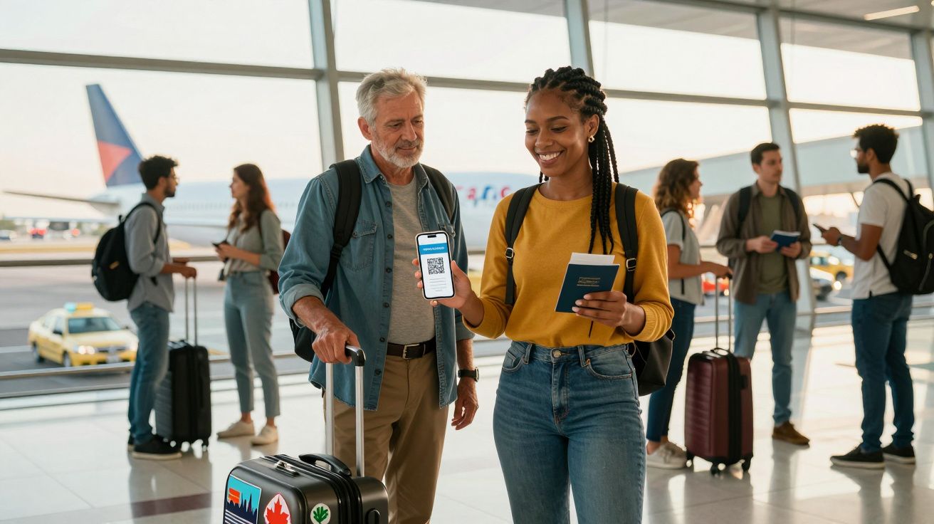 Mulher mostra cartão de embarque digital no telemóvel a homem com mala no aeroporto.