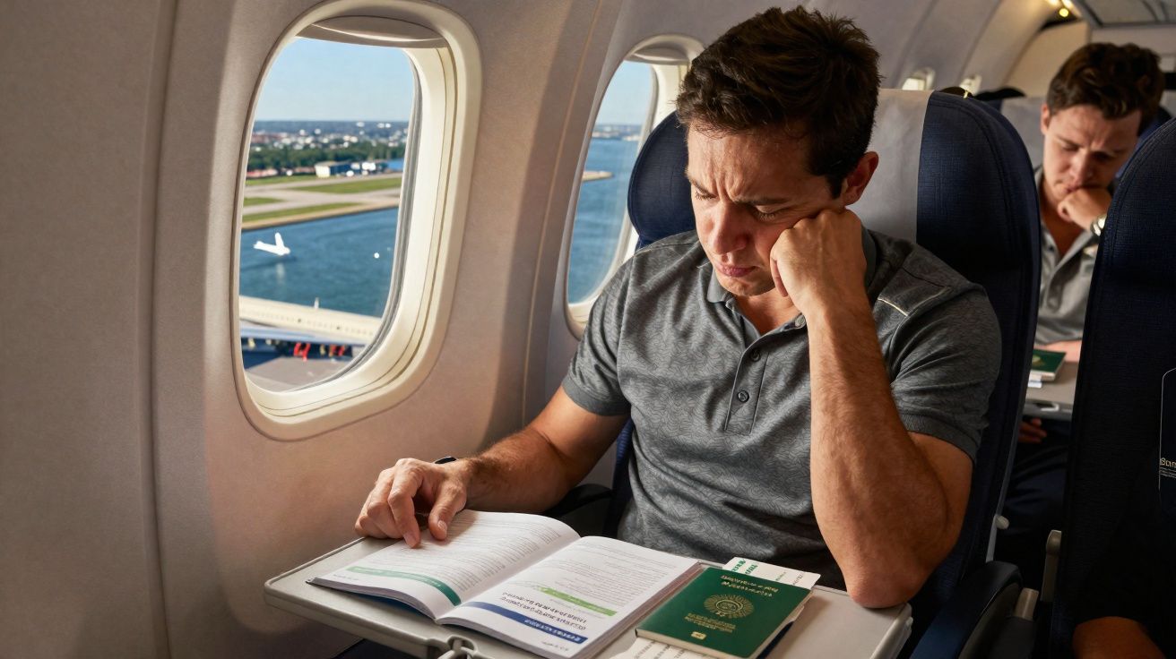 Homem sentado num avião a ler um livro com passaporte sobre a mesa de refeição, vista da janela do avião.