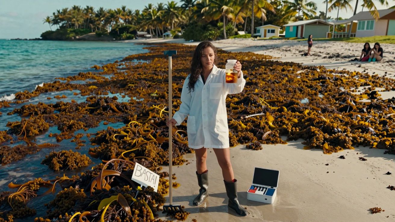 Mulher com bata e botas recolhe amostra de água numa praia coberta de algas, com placa "BASTA!" ao lado.