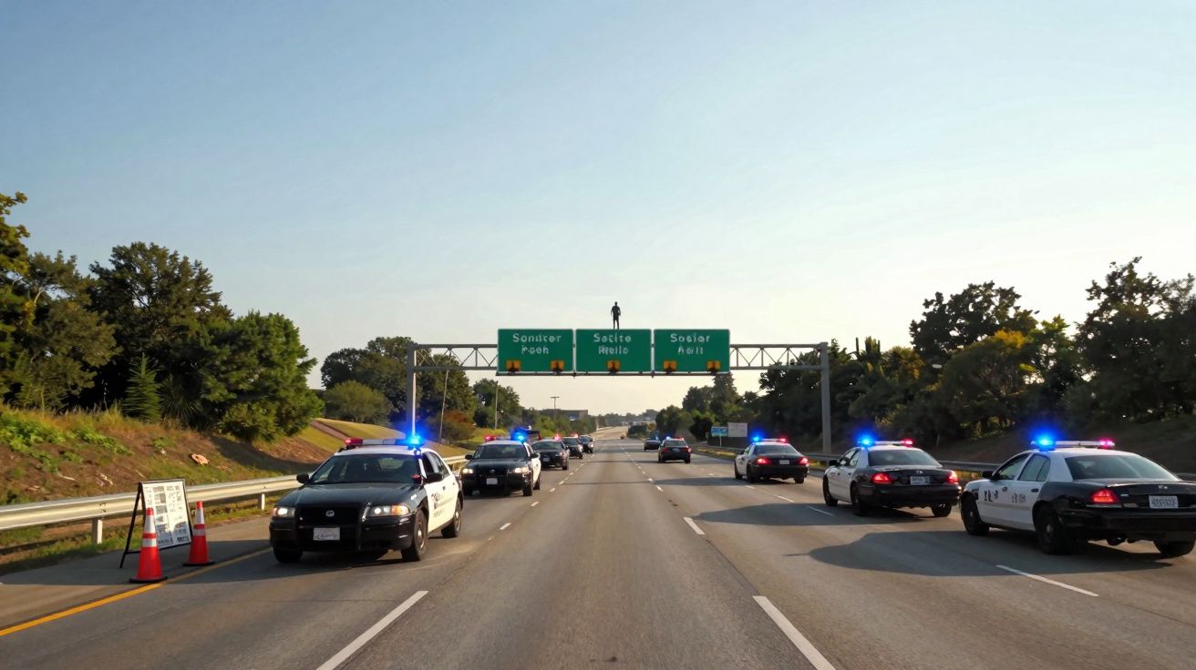 Vários carros polícia com luzes ligadas bloqueiam uma autoestrada sob sinais de saída.