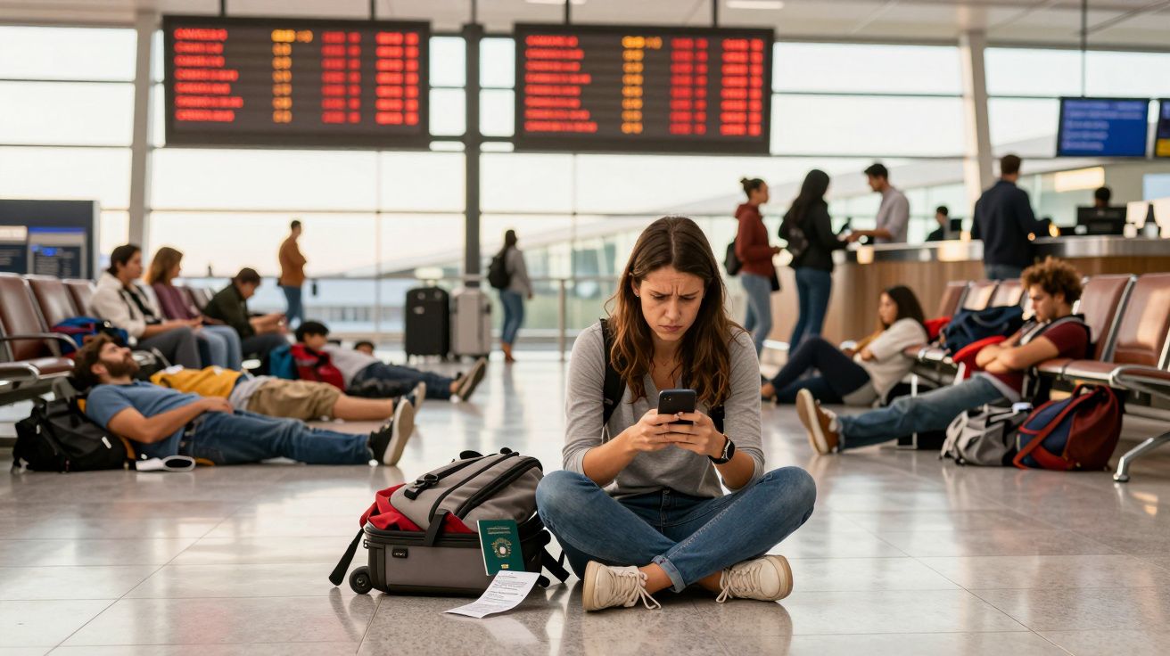 Mulher sentada no chão do aeroporto, rodeada por malas, consulta o telemóvel com expressão preocupada.