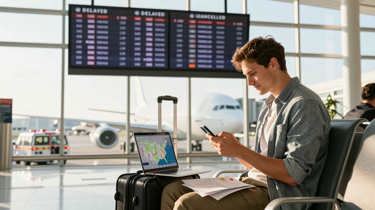 Homem sentado no aeroporto com mala, laptop, documentos e telemóvel junto a um painel de voos atrasados e cancelados.