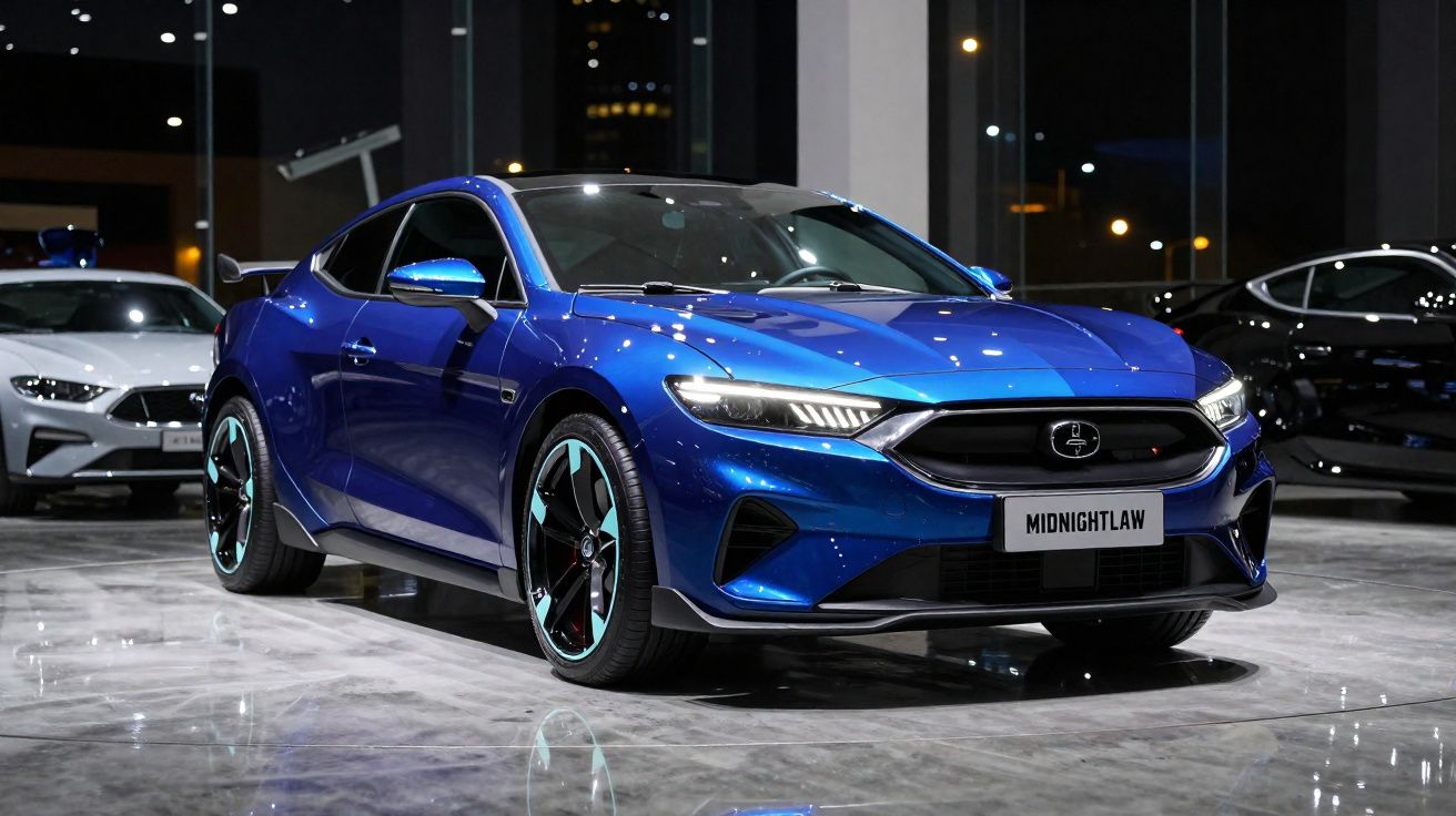 Carro desportivo elétrico azul brilhante modelo Midnightlaw num showroom com piso brilhante.