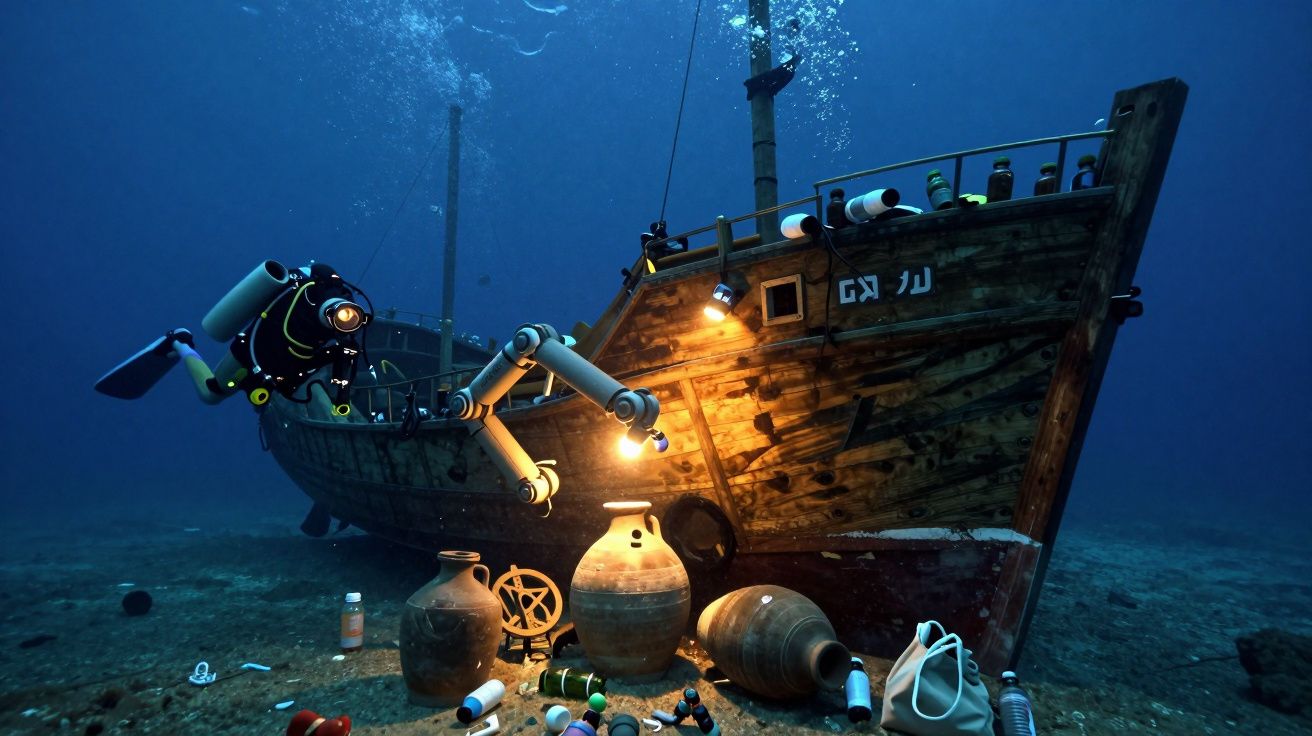 Robô subaquático a explorar um navio naufragado com ânforas e artefactos no fundo do mar.