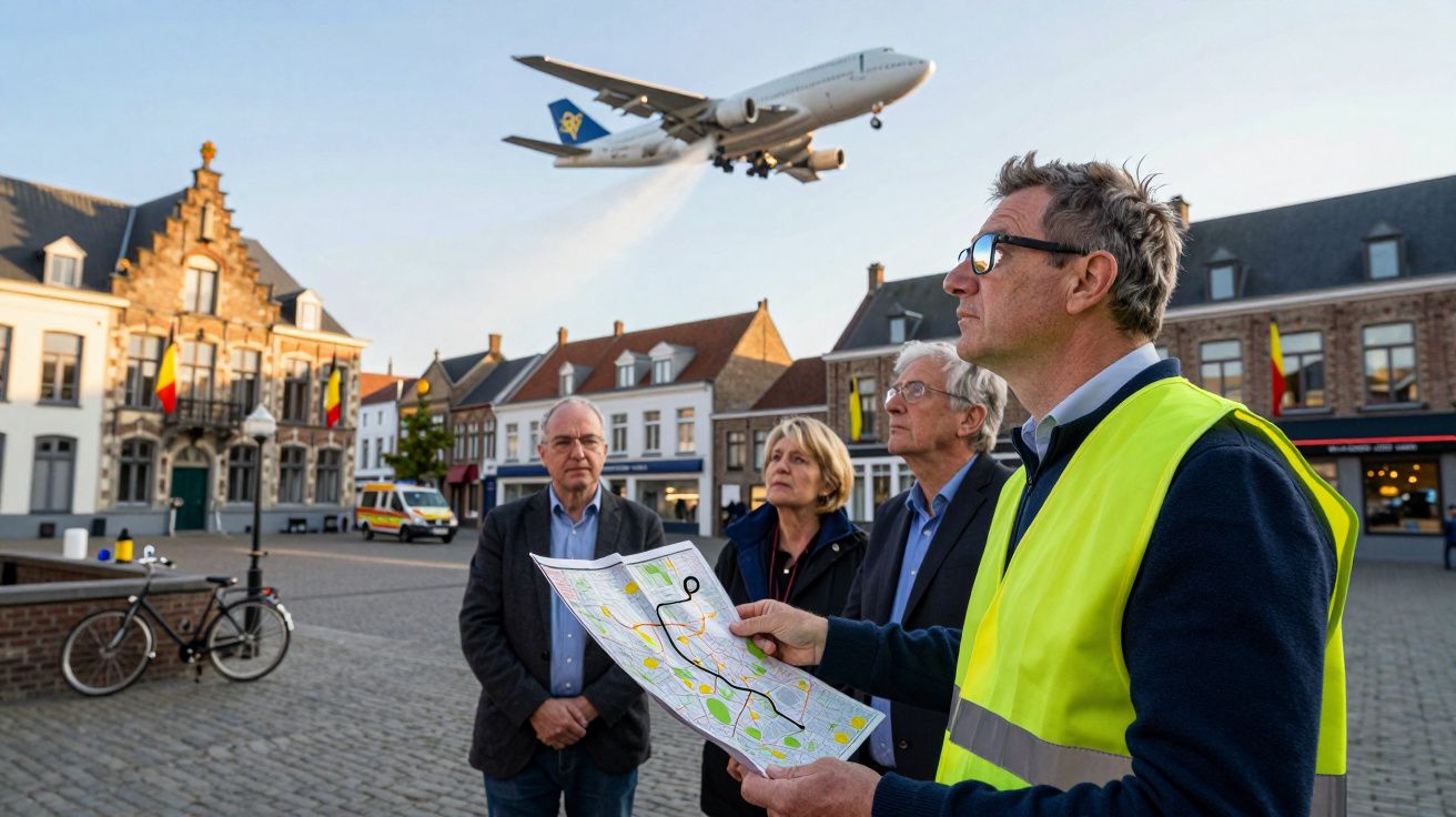 Quatro pessoas observam um avião a descer sobre uma praça com edifícios e bicicletas.