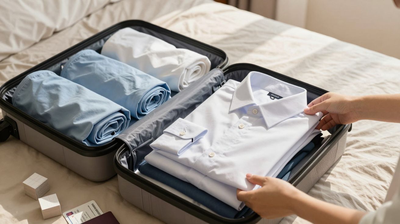Mala aberta com camisas cuidadosamente dobradas e mãos a organizar uma camisa branca sobre a cama.