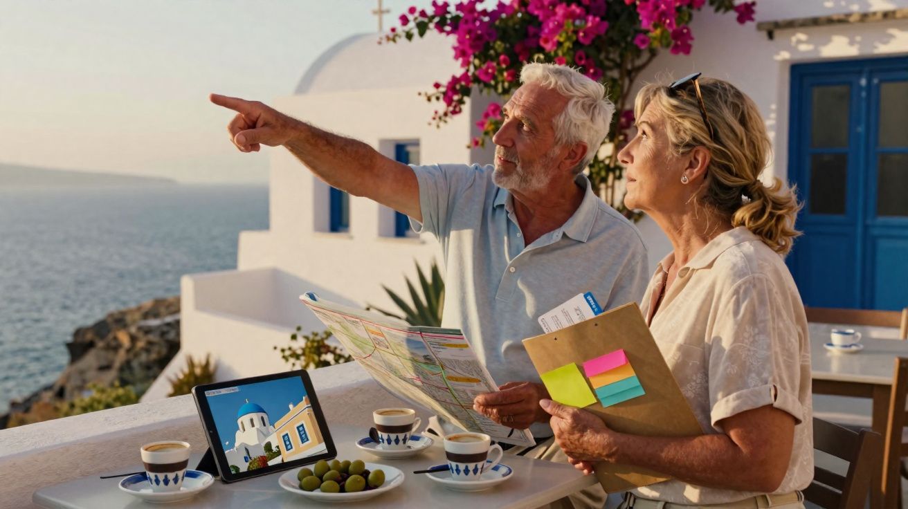Casal sénior a planear viagem numa esplanada com vista para mar e arquitetura típica mediterrânica.