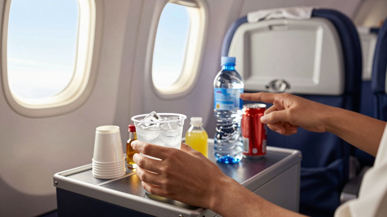 Mãos de uma pessoa a segurar um copo com gelo ao lado de bebidas dentro de um avião.