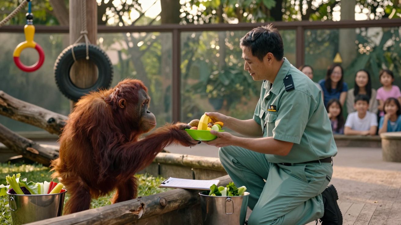 Tratador alimenta orangotango com frutas num espaço ao ar livre, enquanto grupo observa ao fundo.