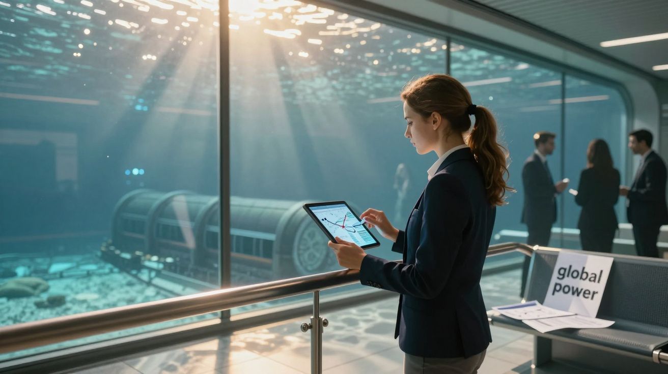 Mulher de negócios com tablet junto a um aquário grande, com outras pessoas ao fundo a conversar.