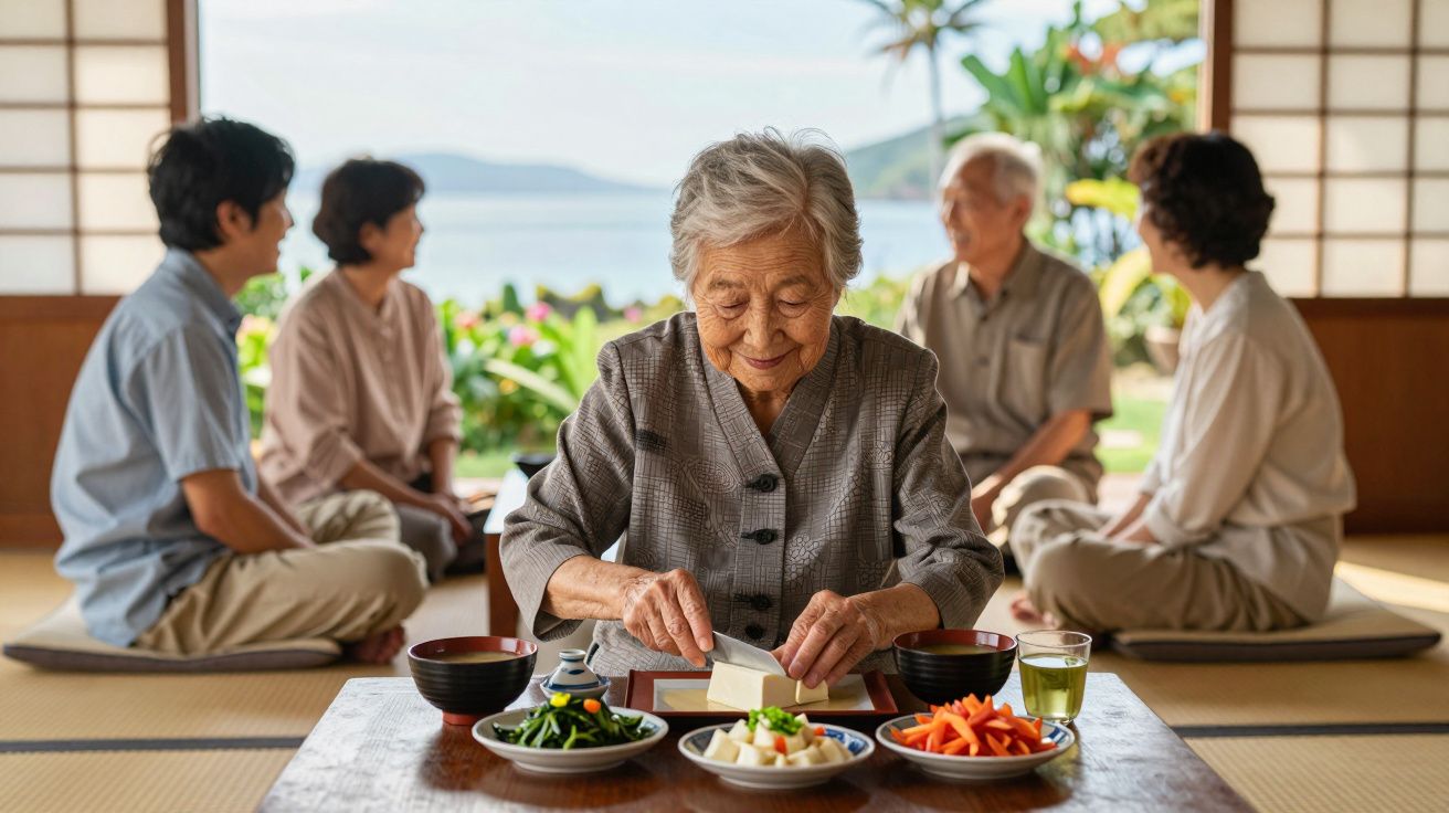 Mulher idosa prepara refeição tradicional japonesa enquanto outras quatro pessoas conversam ao fundo.
