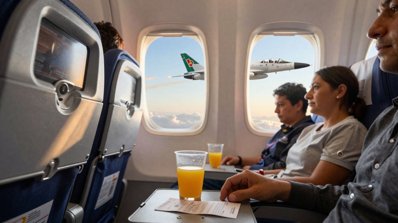 Passageiros num avião observam um avião militar passando junto à janela durante o voo.