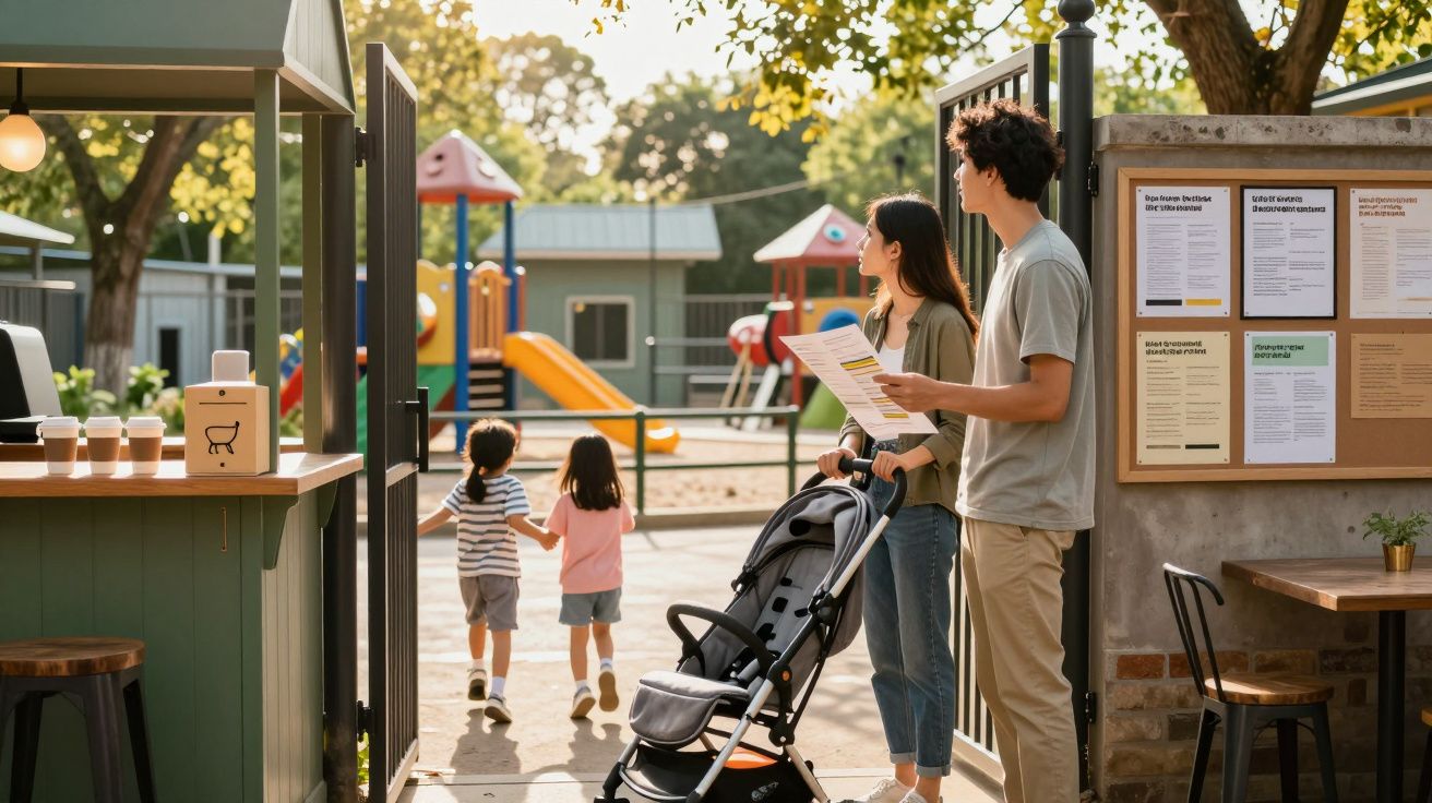 Casal com carrinho de bebé na entrada de parque infantil onde duas crianças brincam ao longe.