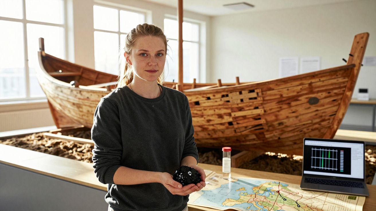 Mulher segura artefato perto de modelo de barco de madeira em sala iluminada com mapas e laptop.