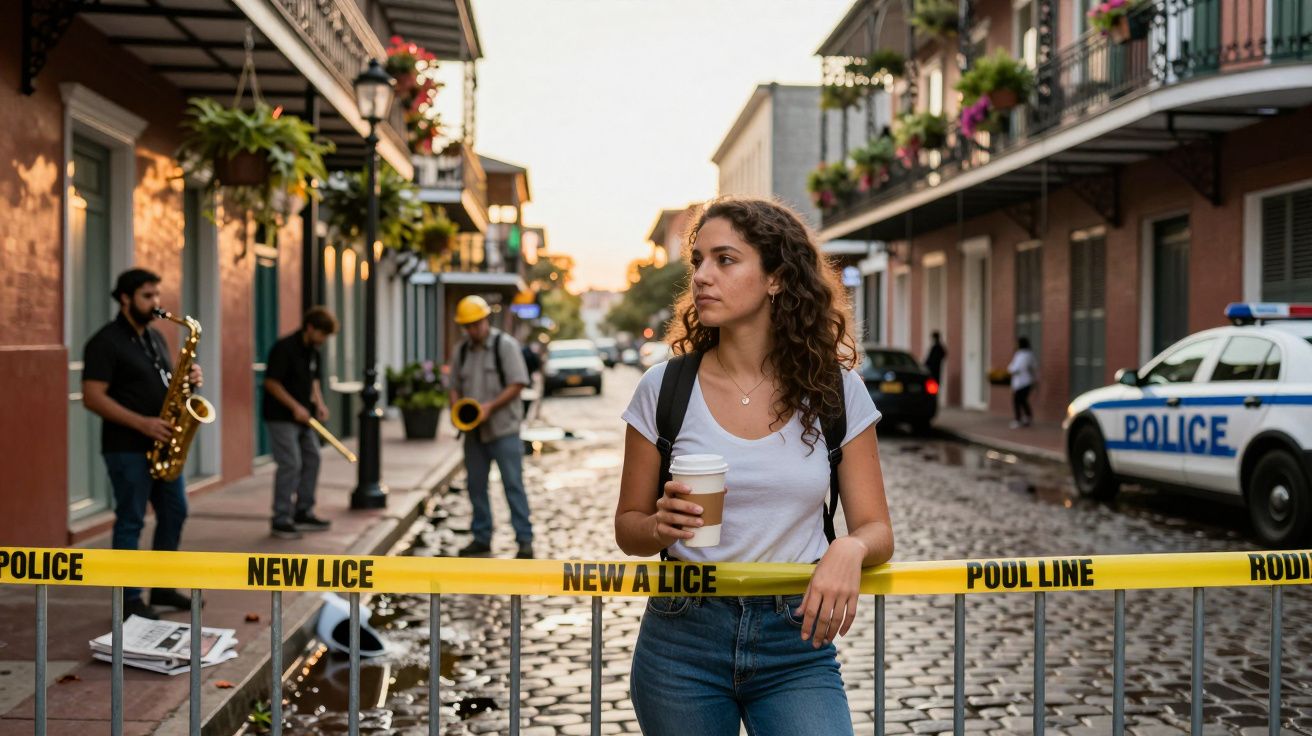 Mulher com café na mão junto a barreira policial numa rua com músicos e carro de polícia ao fundo.