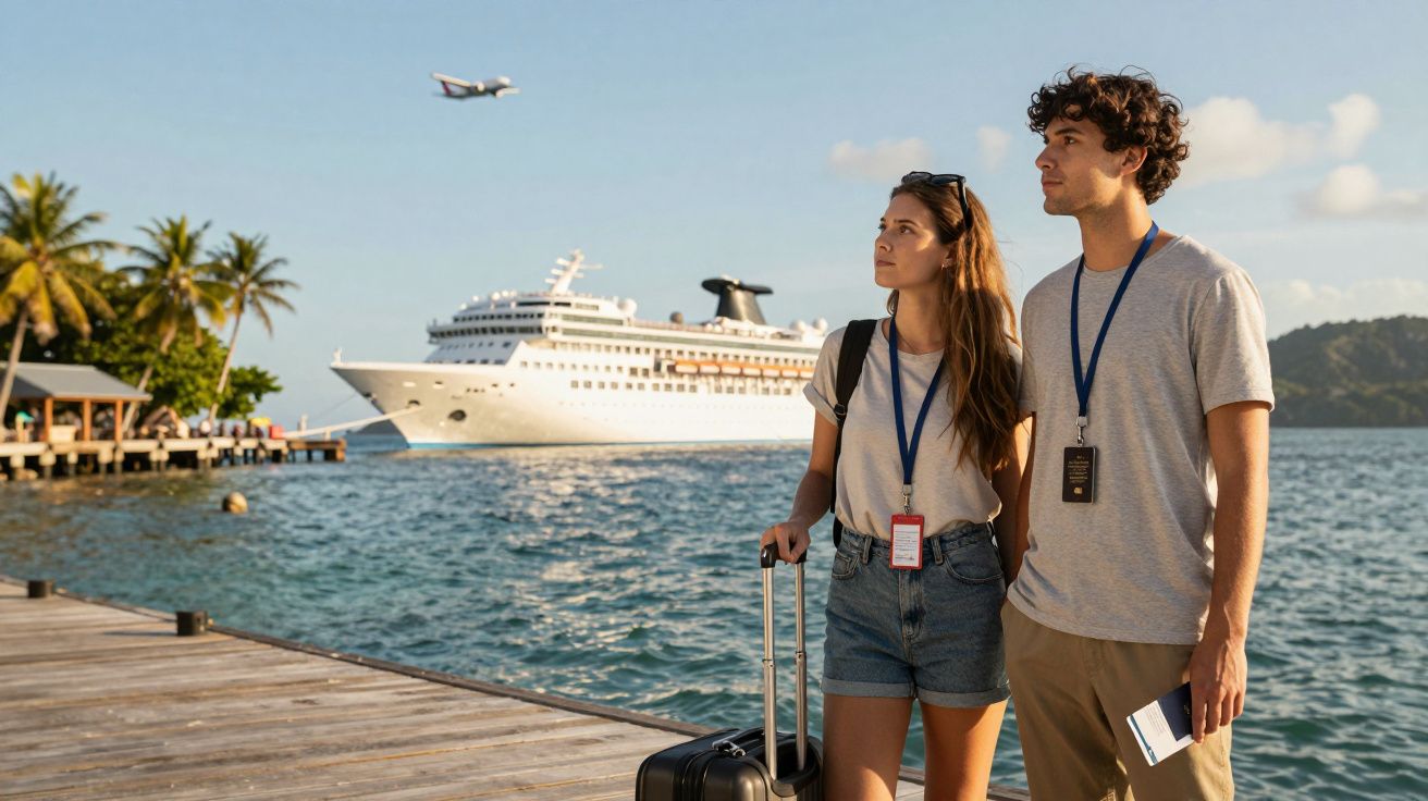 Casal jovem com bagagem na doca perto de um cruzeiro e um avião ao fundo, ao nascer do sol.
