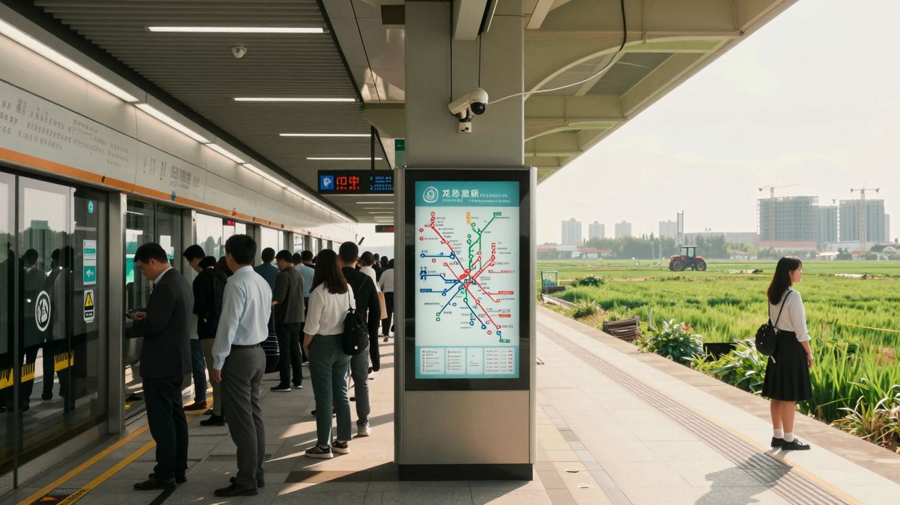 Estação de metro com passageiros alinhados à esquerda e paisagem rural acessível à direita.