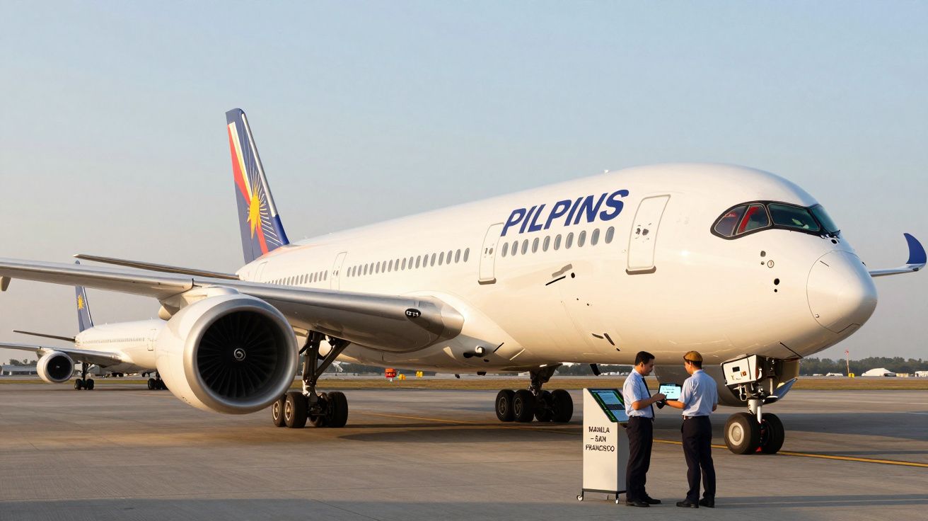 Avião da companhia aérea PILPINS estacionado no aeroporto com duas pessoas em conversa ao lado.
