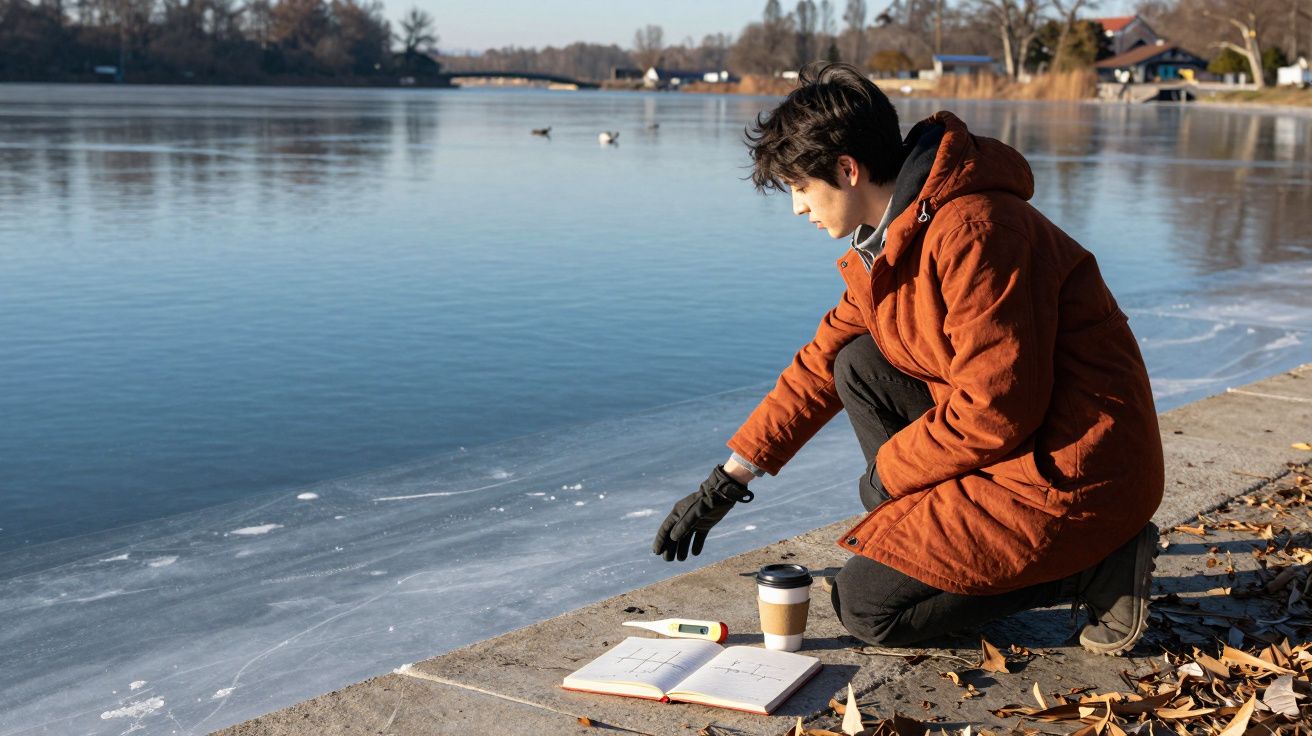 Jovem com casaco laranja perto de lago gelado, olhando para o gelo e com caderno e bebida ao lado.