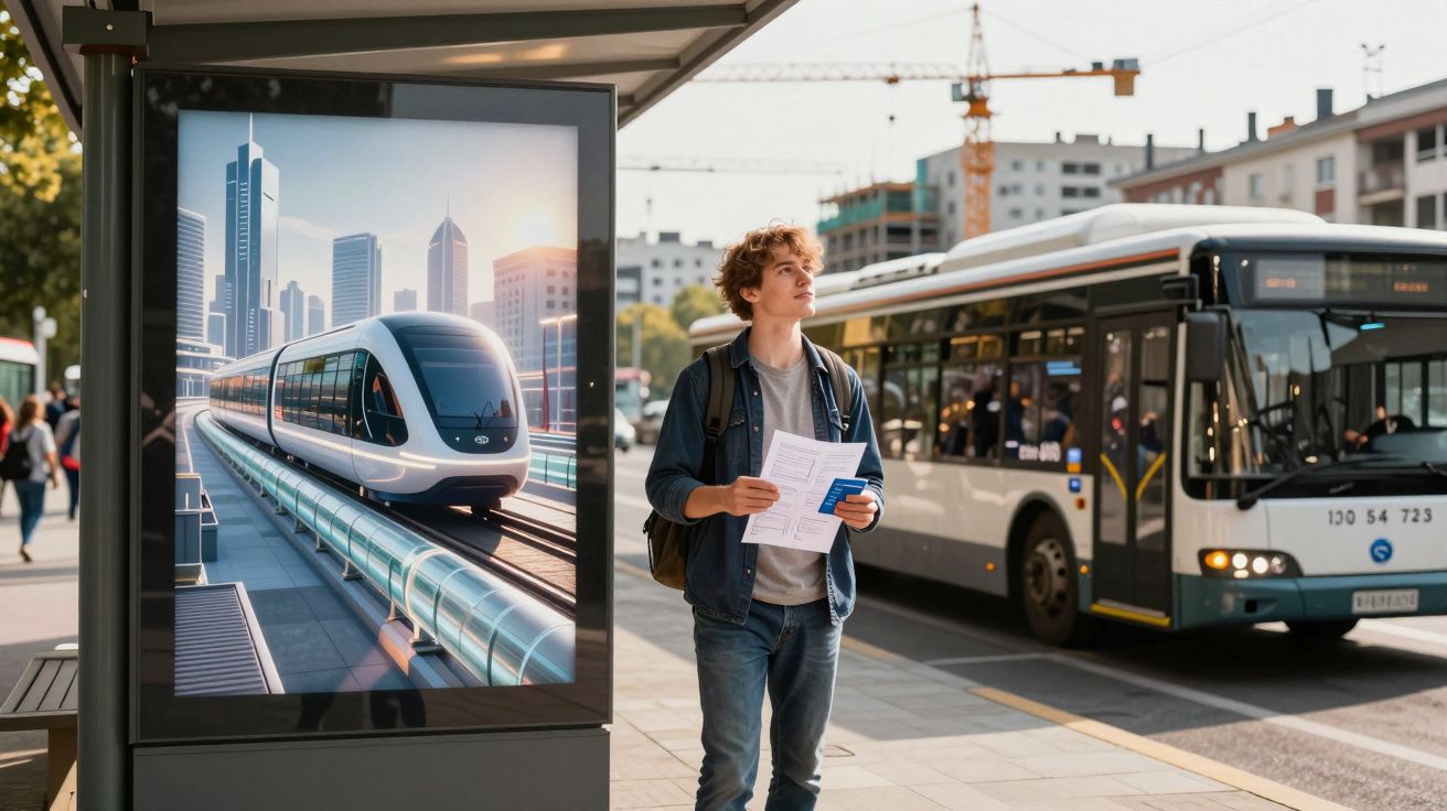 Jovem com mochila segura mapas numa paragem de autocarro urbana com autocarro e painel publicitário de comboio futurista.