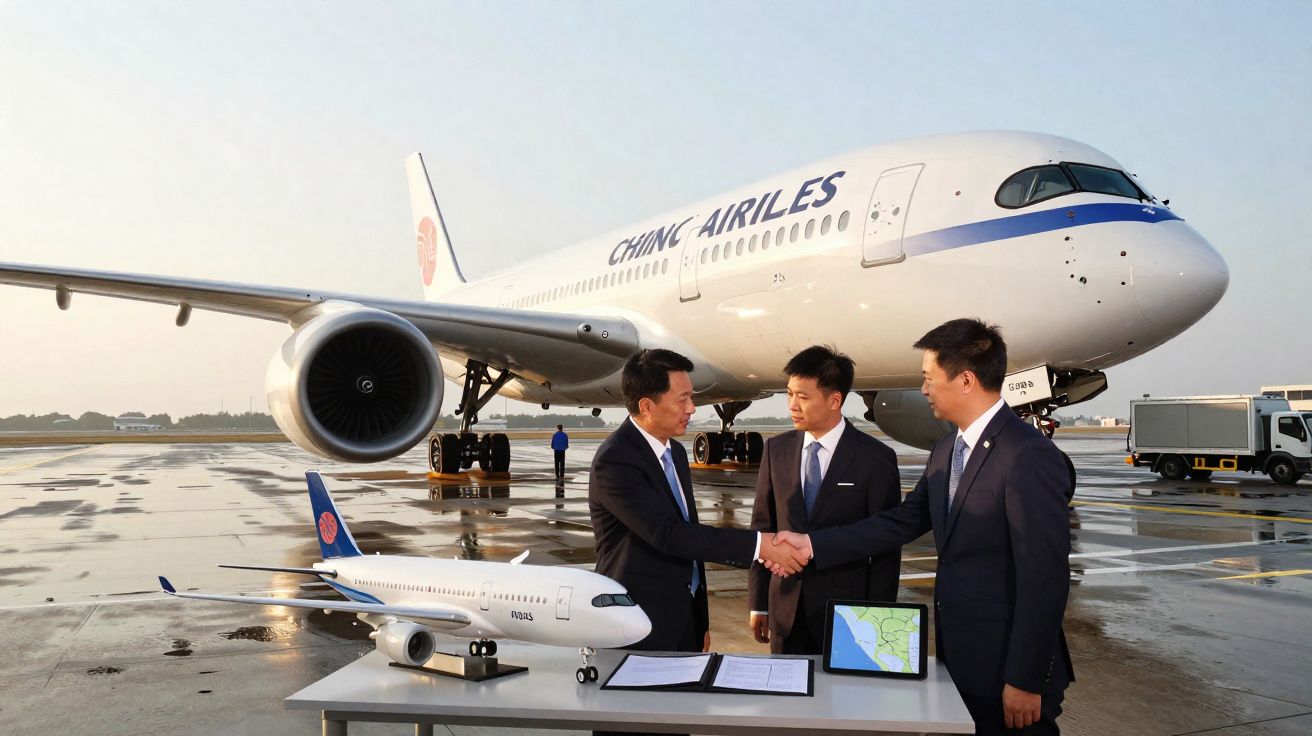 Três homens de fato apertam as mãos junto a maquete de avião e documentos numa pista diante de um avião da China Airlines.