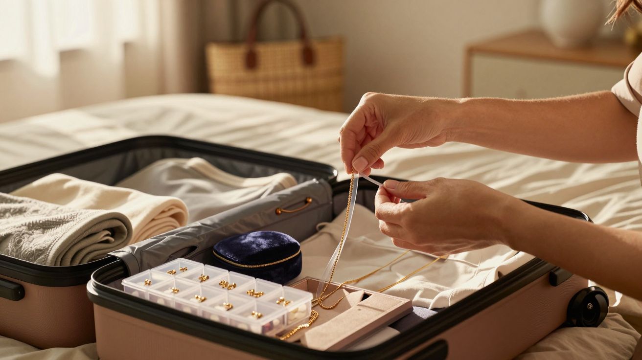 Mala aberta com roupas e joias organizadas, mãos segurando colar dourado sobre cama em quarto iluminado.