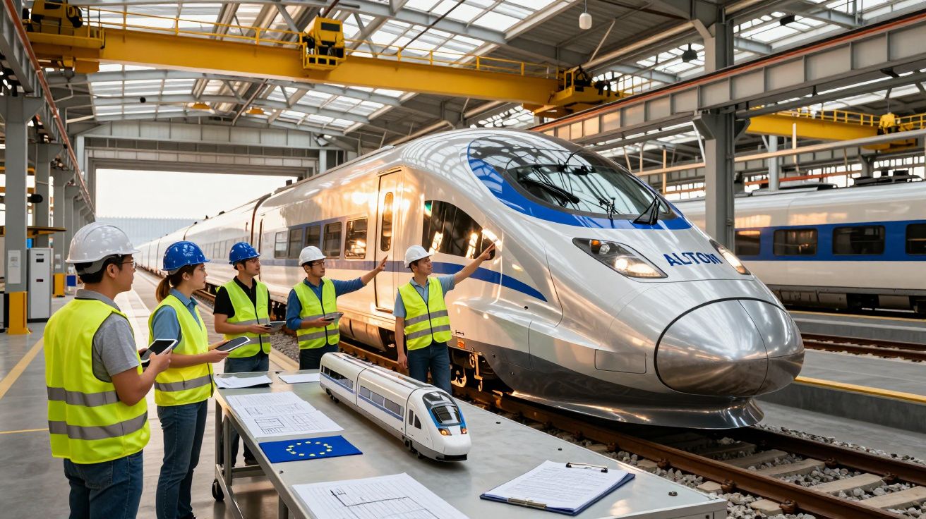Equipa de engenheiros com capacetes e coletes amarelos inspeciona comboio rápido moderno numa estação coberta.