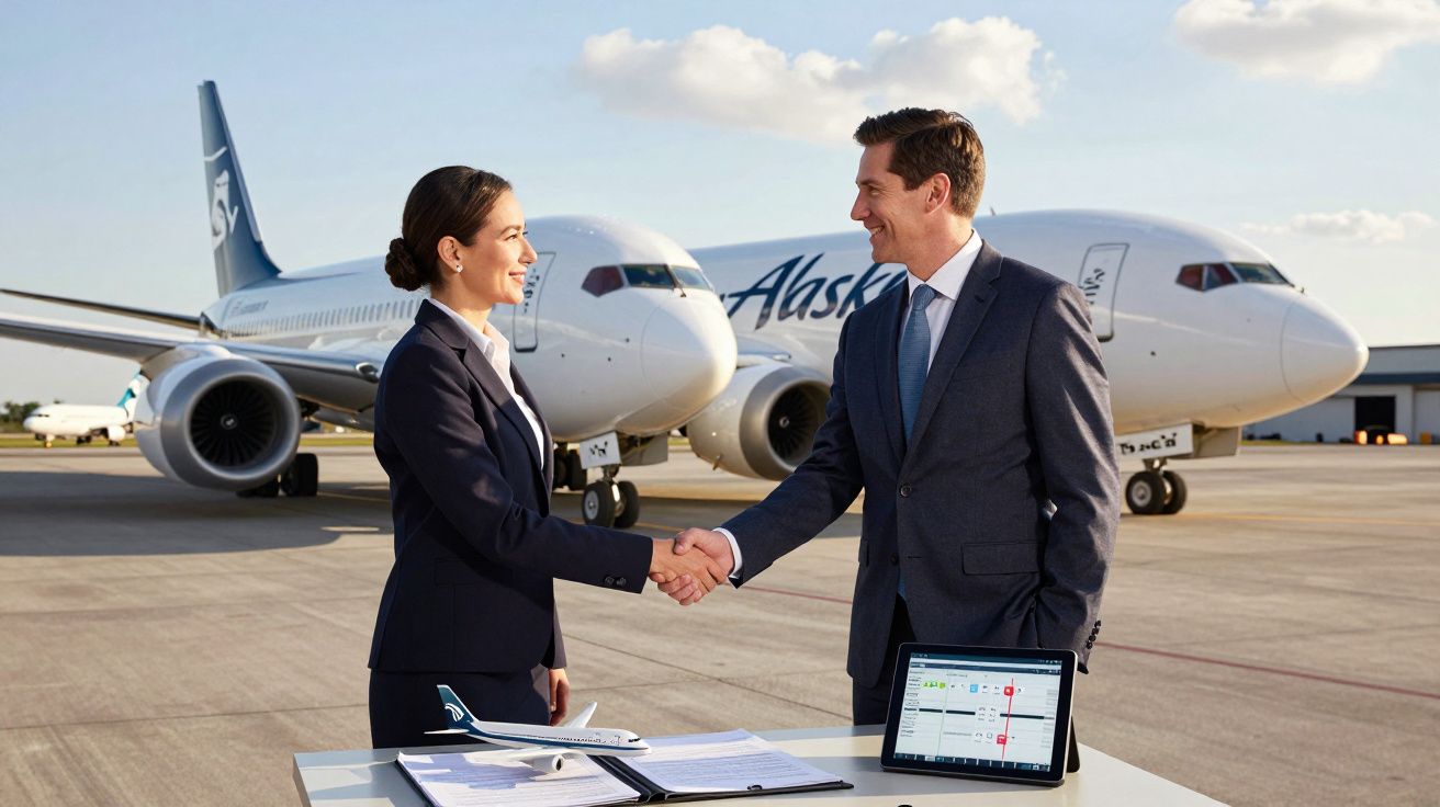 Dois profissionais de negócios a apertar as mãos em frente a dois aviões da Alaska Airlines no aeroporto.