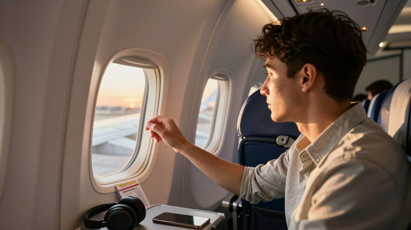 Homem a olhar pela janela de avião durante o pôr do sol, com auscultadores e telemóvel à frente.