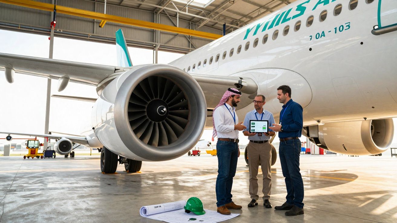 Três homens discutem documentos técnicos junto a um avião na zona interior de um hangar de manutenção aérea.